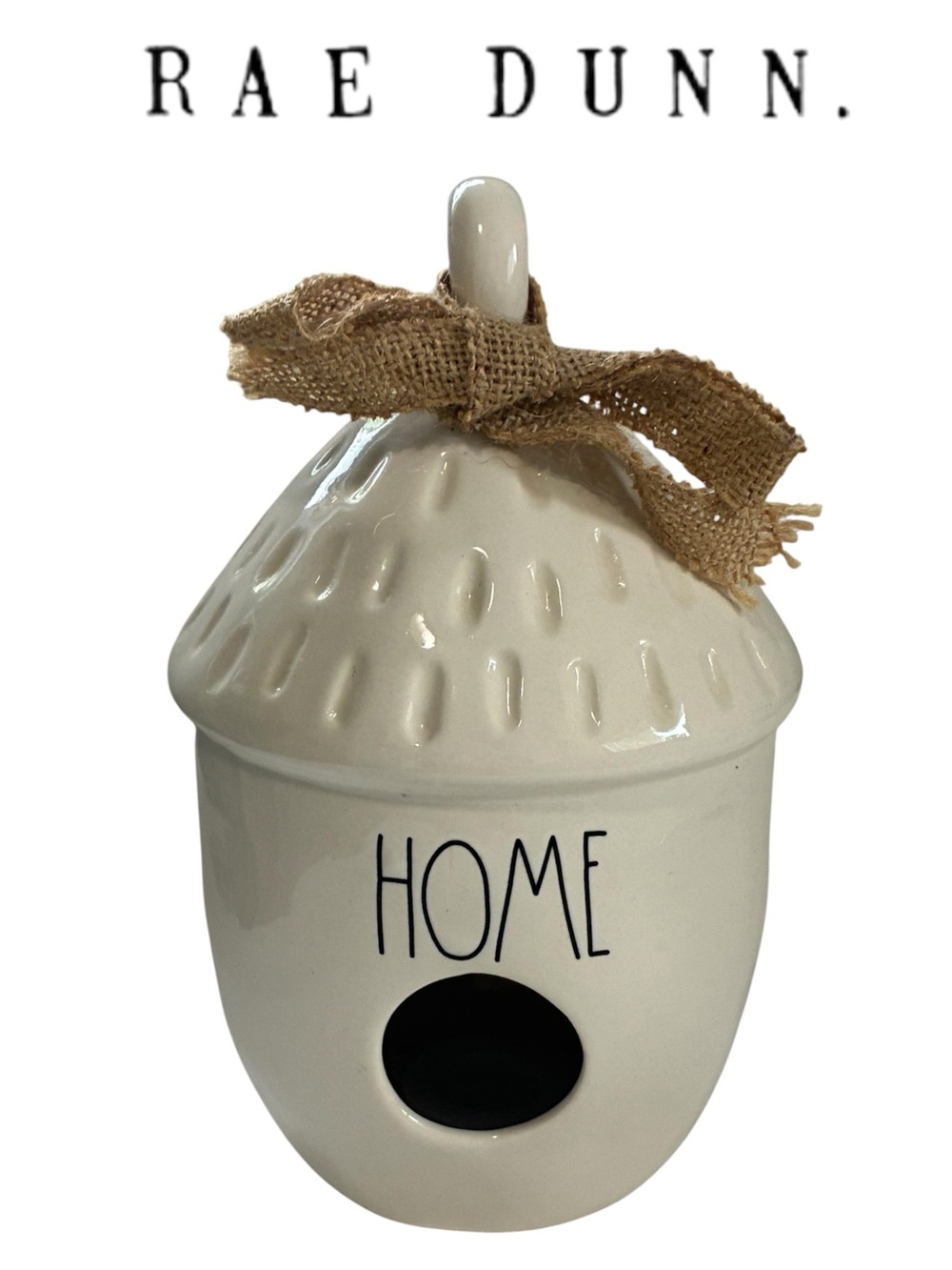 RAE DUNN ‘HOME’ ACORN BIRDHOUSE CERAMIC DECORATIVE BURLAP